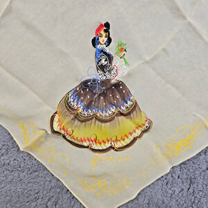 Silk Scarf Hand Painted Lady in Dress 27.5" x 30" Yellow Greece Hand Rolled Hem